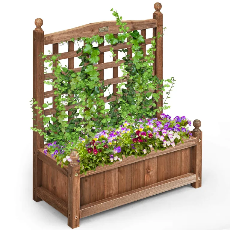 COSTWAY Blumenkasten mit Rankgitter, Pflanzkasten Holz, Hochbeet mit Spalier, Blumenkübel Rankhilfe, Gartenspalier Rankkasten für Kletterpflanze, Garten Terrasse Hinterhof, 64,5 x 28 x 75 cm, Braun – Bild 6