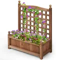 COSTWAY Blumenkasten mit Rankgitter, Pflanzkasten Holz, Hochbeet mit Spalier, Blumenkübel Rankhilfe, Gartenspalier Rankkasten für Kletterpflanze, Garten Terrasse Hinterhof, 64,5 x 28 x 75 cm, Braun - Thumbnail 8