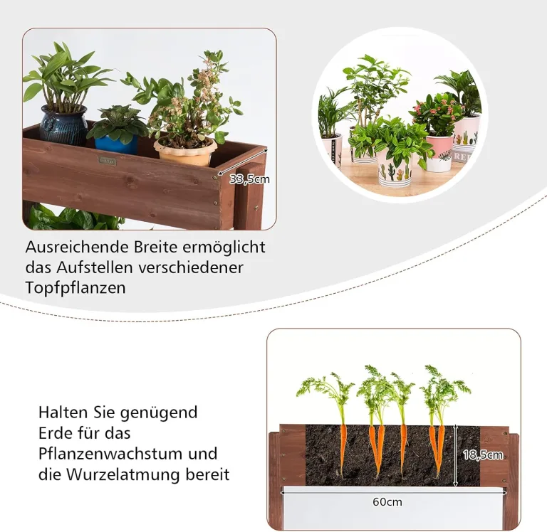 COSTWAY vertikales Hochbeet mit 3 Etagen, Blumenbeet mit 3 verstellbaren Pflanzkästen & Ablauflöchern, Blumentreppe Gartenbeet Tannenholz, Blumenkasten für Terrasse Balkon Garten, Braun (71x38x105cm) – Bild 4