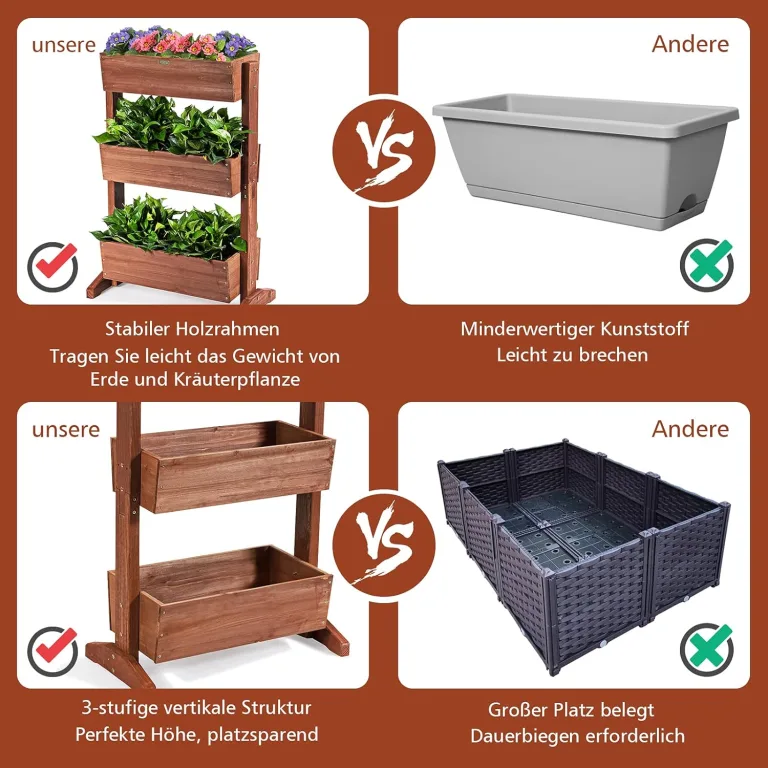 COSTWAY vertikales Hochbeet mit 3 Etagen, Blumenbeet mit 3 verstellbaren Pflanzkästen & Ablauflöchern, Blumentreppe Gartenbeet Tannenholz, Blumenkasten für Terrasse Balkon Garten, Braun (71x38x105cm) – Bild 5