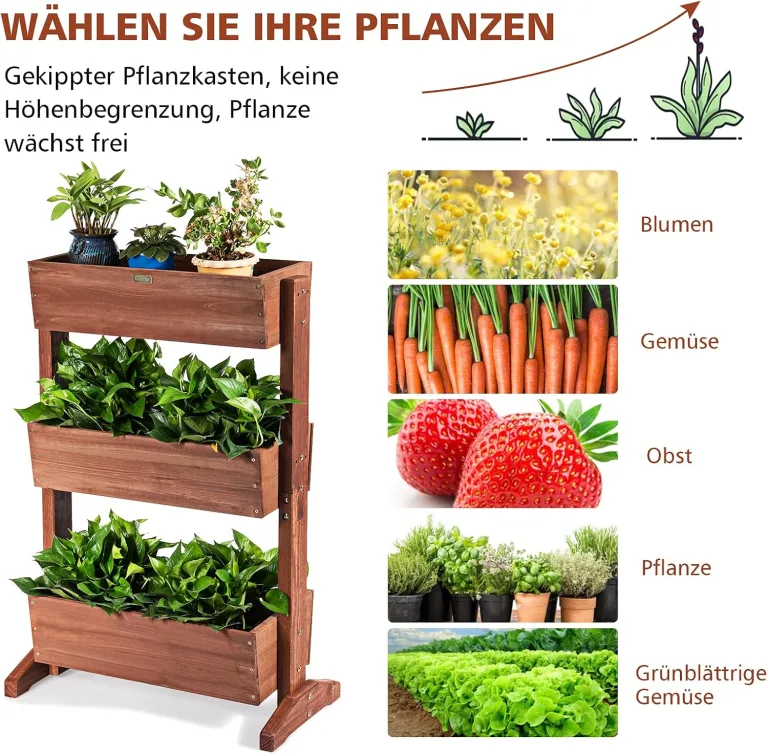 COSTWAY vertikales Hochbeet mit 3 Etagen, Blumenbeet mit 3 verstellbaren Pflanzkästen & Ablauflöchern, Blumentreppe Gartenbeet Tannenholz, Blumenkasten für Terrasse Balkon Garten, Braun (71x38x105cm) – Bild 6