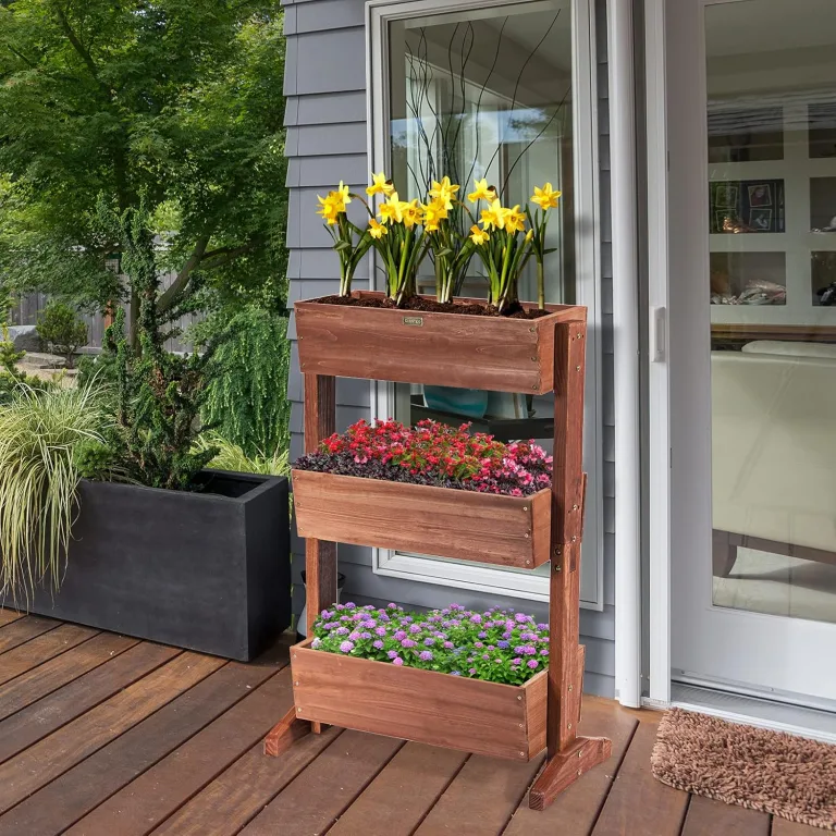 COSTWAY vertikales Hochbeet mit 3 Etagen, Blumenbeet mit 3 verstellbaren Pflanzkästen & Ablauflöchern, Blumentreppe Gartenbeet Tannenholz, Blumenkasten für Terrasse Balkon Garten, Braun (71x38x105cm) – Bild 8