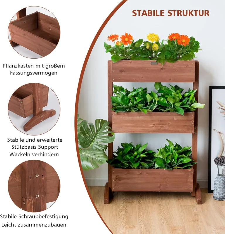 COSTWAY vertikales Hochbeet mit 3 Etagen, Blumenbeet mit 3 verstellbaren Pflanzkästen & Ablauflöchern, Blumentreppe Gartenbeet Tannenholz, Blumenkasten für Terrasse Balkon Garten, Braun (71x38x105cm) – Bild 2