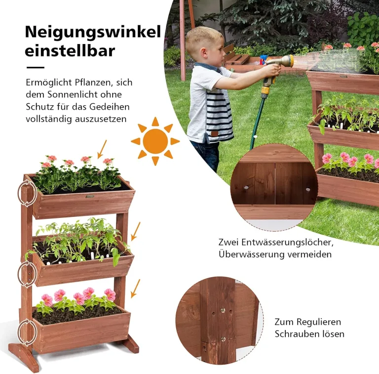COSTWAY vertikales Hochbeet mit 3 Etagen, Blumenbeet mit 3 verstellbaren Pflanzkästen & Ablauflöchern, Blumentreppe Gartenbeet Tannenholz, Blumenkasten für Terrasse Balkon Garten, Braun (71x38x105cm) – Bild 3