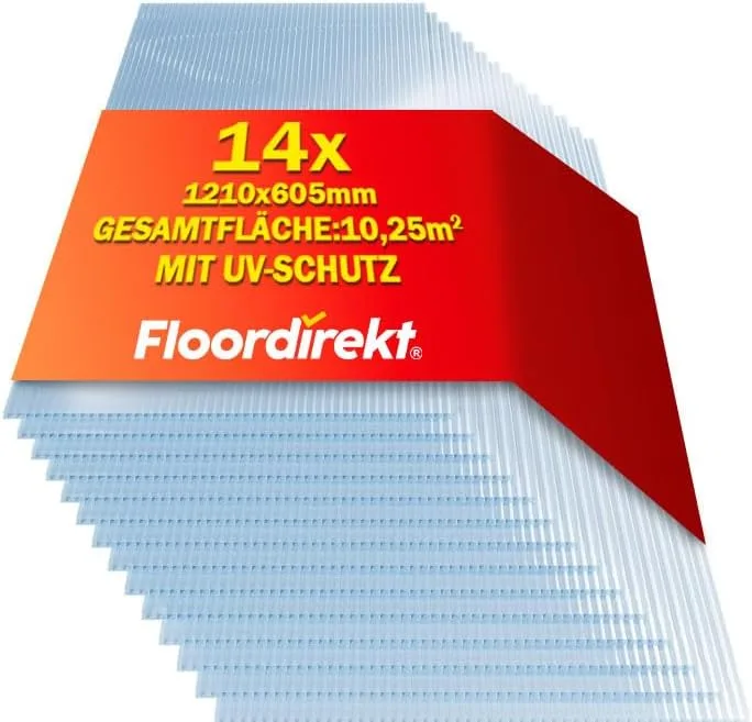 Floordirekt 10,25 m² Hohlkammerplatte - 14x Stegplatten 60,5 x 121 cm - Doppelstegplatten aus Polycarbonat - Hohlkammerplatten für Gewächshaus & Modellbau (Transparent, 4 mm) – Bild 1