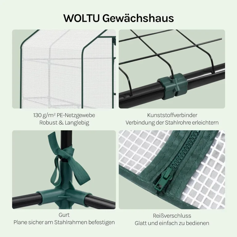 WOLTU Foliengewächshaus, Tomatengewächshaus für Garten Balkon, Indoor & Outdoor, Metallgestell, Gewächshaus mit 3 Ablagen, für Frühbeet Gemüse Blumen, 143 x 195 x 143 cm, Weiß – Bild 4