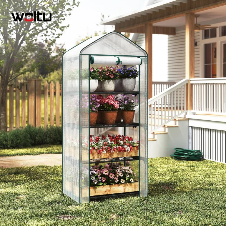 WOLTU Gewächshaus, Foliengewächshaus für Balkon Garten Terrasse, Tomatengewächshaus mit 4 Ablagen Tür, Winterfest stabil platzsparend, 69 x 158 x 49 cm, Weiß – Bild 7