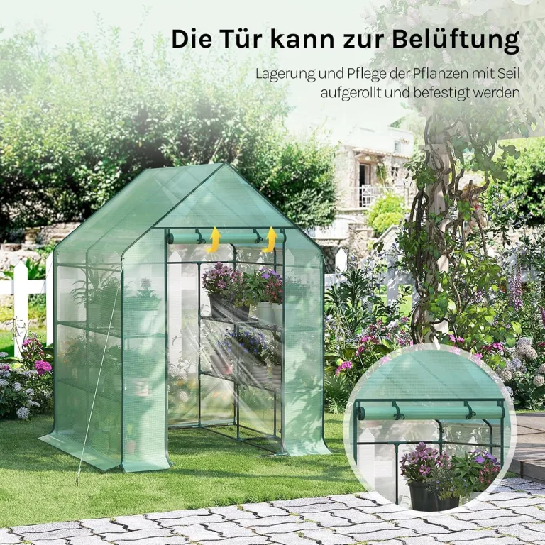 WOLTU Foliengewächshaus, Tomatengewächshaus für Garten Balkon, Indoor & Outdoor, Metallgestell, Gewächshaus mit 3 Ablagen, für Frühbeet Gemüse Blumen, 143 x 195 x 143 cm, Grün – Bild 5