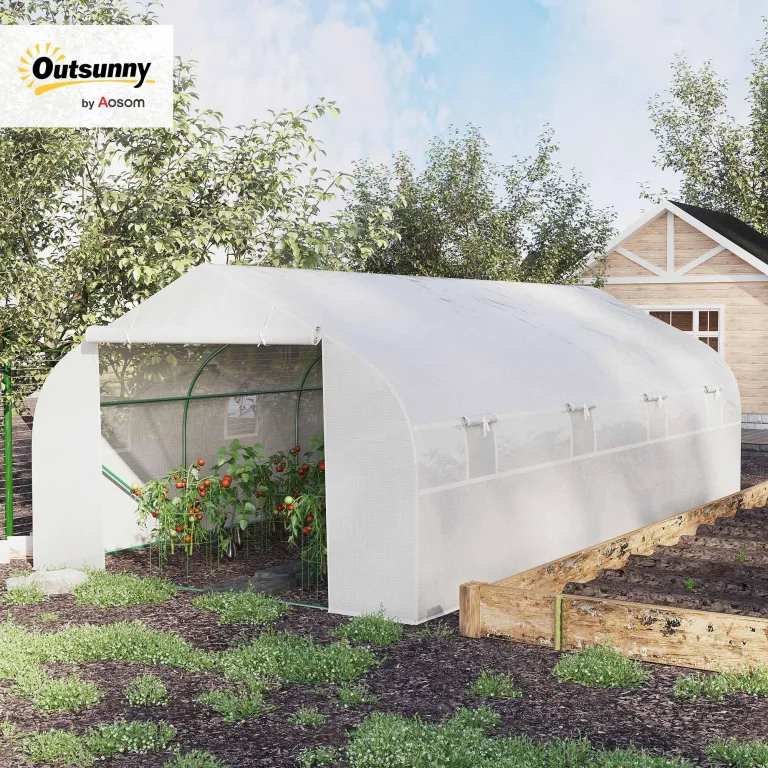 Outsunny Gewächshaus Gartentunnel Abm. 6 x 3 x 2 m Tür + 8 aufrollbare Fenster Stahl Plane PE hochdicht Weiß – Bild 2