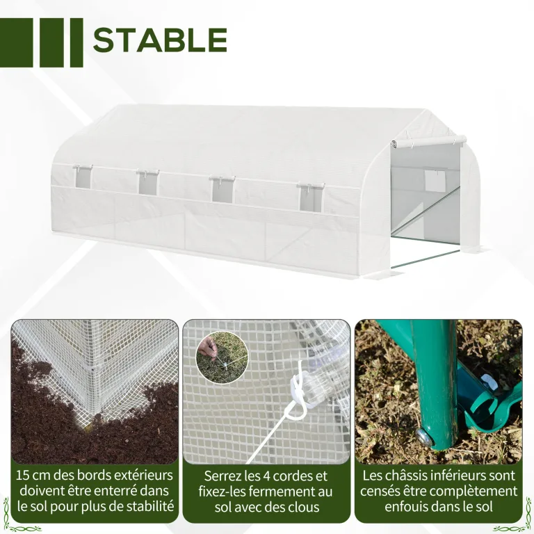 Outsunny Gewächshaus Gartentunnel Abm. 6 x 3 x 2 m Tür + 8 aufrollbare Fenster Stahl Plane PE hochdicht Weiß – Bild 4
