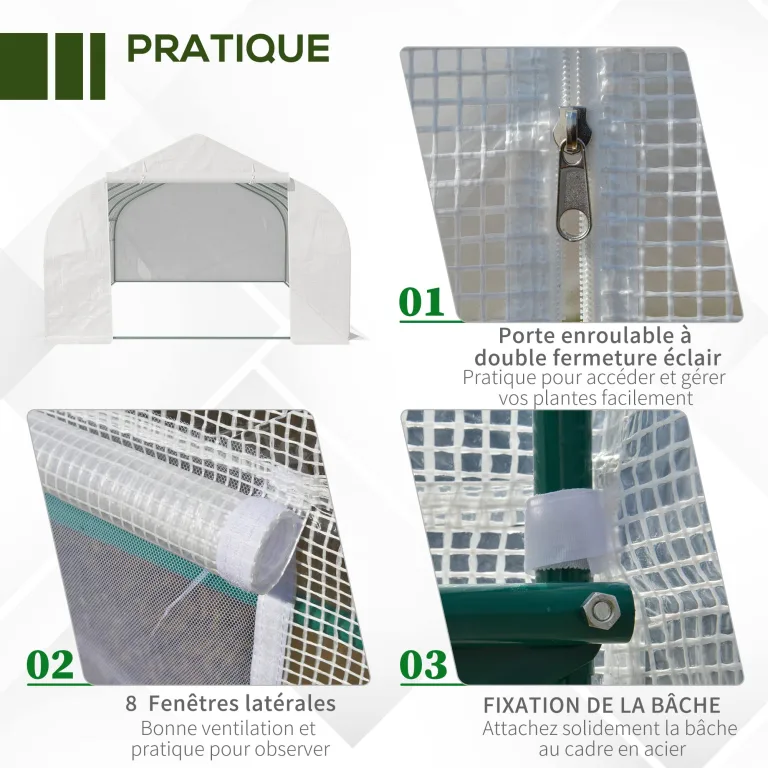 Outsunny Gewächshaus Gartentunnel Abm. 6 x 3 x 2 m Tür + 8 aufrollbare Fenster Stahl Plane PE hochdicht Weiß – Bild 5
