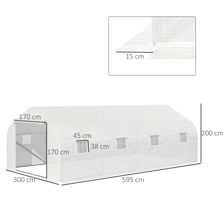 Outsunny Gewächshaus Gartentunnel Abm. 6 x 3 x 2 m Tür + 8 aufrollbare Fenster Stahl Plane PE hochdicht Weiß – Bild 7