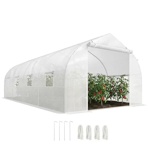 Outsunny Gewächshaus Gartentunnel Abm. 6 x 3 x 2 m Tür + 8 aufrollbare Fenster Stahl Plane PE hochdicht Weiß – Bild 10