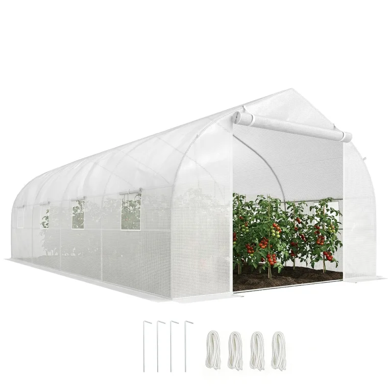 Outsunny Gewächshaus Gartentunnel Abm. 6 x 3 x 2 m Tür + 8 aufrollbare Fenster Stahl Plane PE hochdicht Weiß – Bild 1