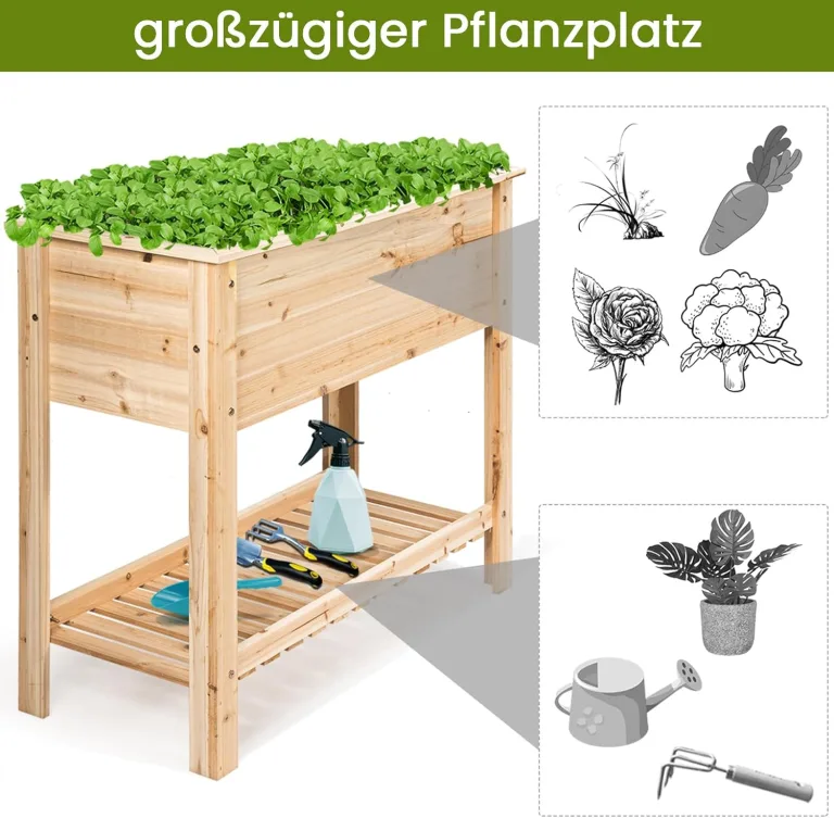 GOPLUS Hochbeet ohne Rollen, Gartenbeet mit Ablage & Abflusslöcher, Pflanzbeet aus Tannenholz für Garten & Terrasse, Natur (ohne Rollen, 92x41x81cm) – Bild 4