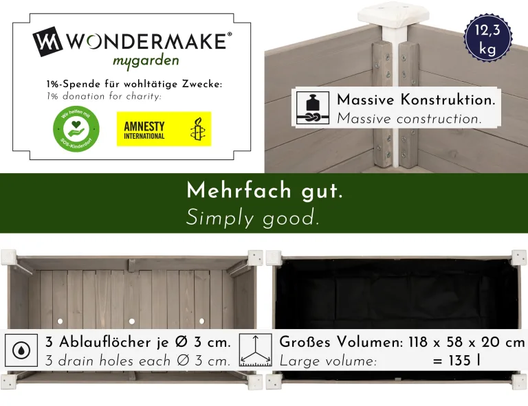 Großes Hochbeet aus Holz für Garten Balkon Terrasse, Pflanzkasten Bausatz XL rechteckig schmal mit Vlies-Folie, Kräuterbeet Pflanzenkasten, 124 x 63 x 75 cm, weiß grau anthrazit – Bild 2