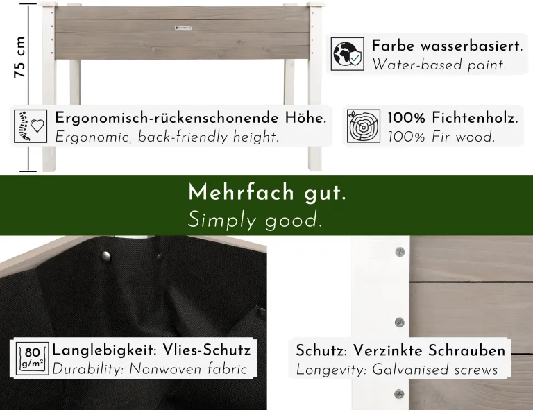 Großes Hochbeet aus Holz für Garten Balkon Terrasse, Pflanzkasten Bausatz XL rechteckig schmal mit Vlies-Folie, Kräuterbeet Pflanzenkasten, 124 x 63 x 75 cm, weiß grau anthrazit – Bild 3
