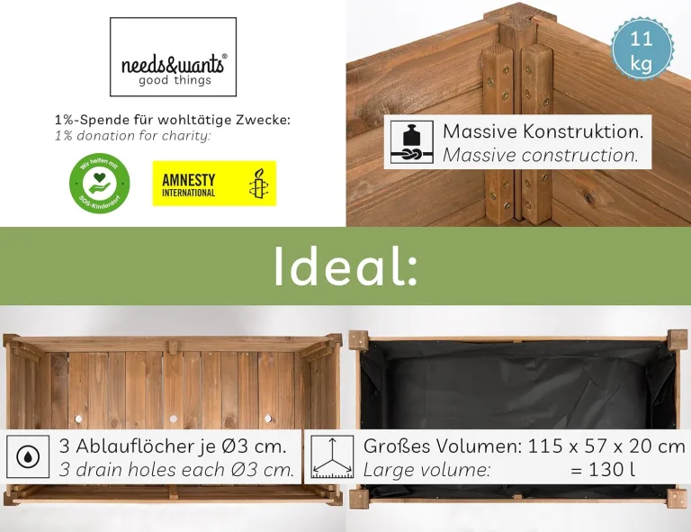 needs&wants® Großes Hochbeet aus Holz für Garten Balkon Terrasse, Pflanzkasten Bausatz XL rechteckig schmal mit Vlies-Folie, Kräuterbeet Pflanzenkasten deko, 121 x 63 x 75 cm, dunkel-braun – Bild 2