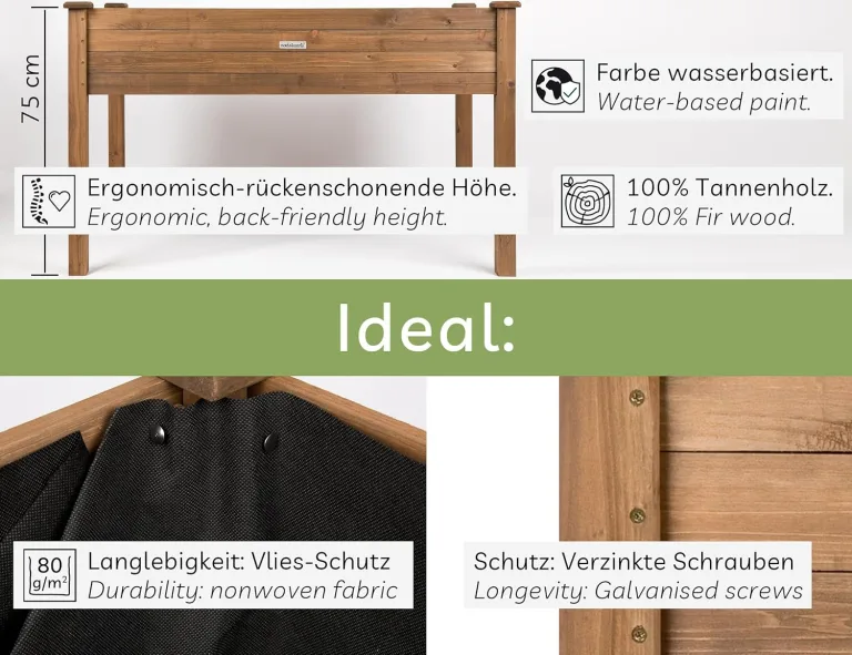 needs&wants® Großes Hochbeet aus Holz für Garten Balkon Terrasse, Pflanzkasten Bausatz XL rechteckig schmal mit Vlies-Folie, Kräuterbeet Pflanzenkasten deko, 121 x 63 x 75 cm, dunkel-braun – Bild 3