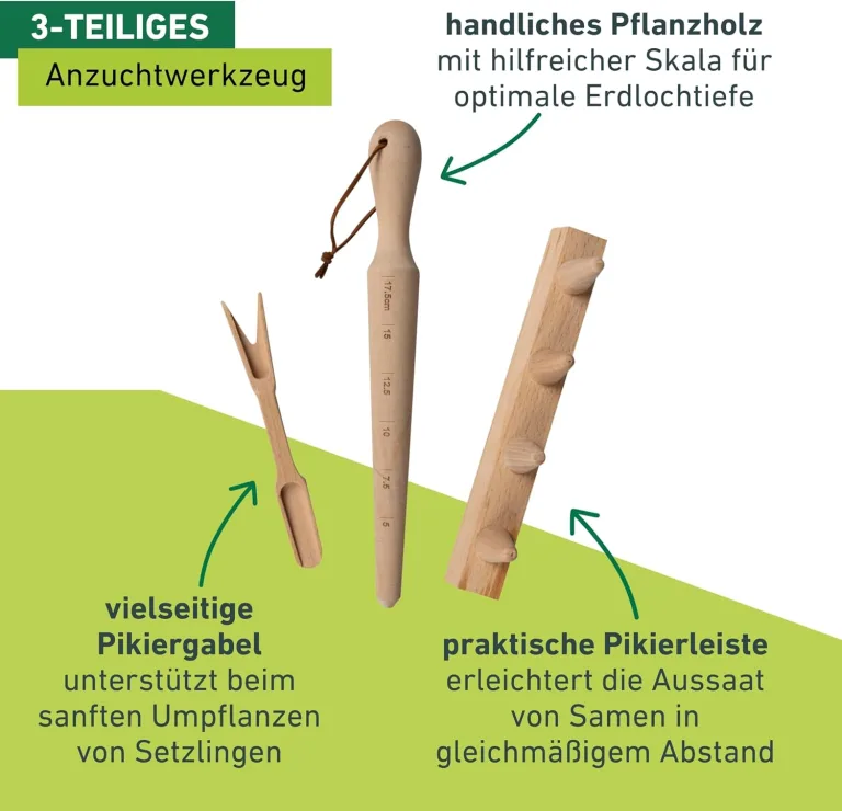Windhager Anzuchtset, 3-teilig, Buchenholz, inkl. Pflanzholz, Pikierleiste und Pikiergabel, Pflanzsetz für Hochbeete, 05848 – Bild 4