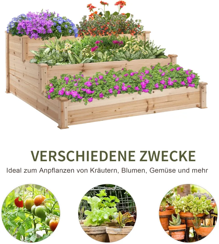 Outsunny Hochbeet 3-stufige Gartenbeet Pflanzenbeet Kräuterbeet Blumentreppe für Balkon Garten Natur Tannenholz 120 x 120 x 56 cm – Bild 5