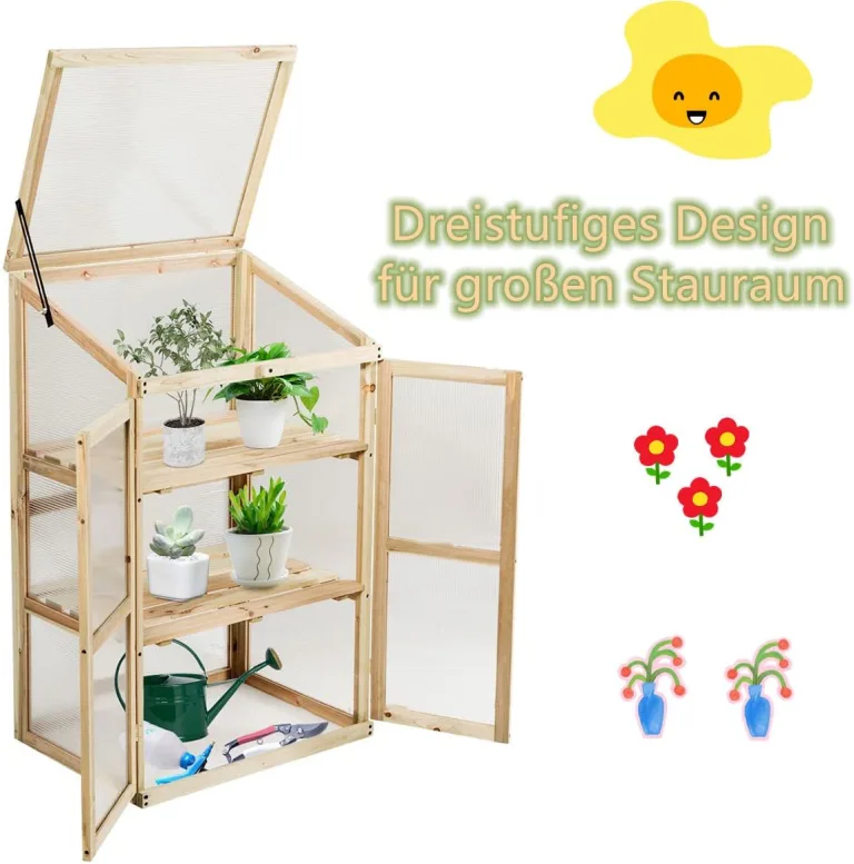 GYMAX Holz Frühbeet mit 3 Ablagen, Gewächshaus klein mit 2 Türen & Deckel, wetterfest Pflanzenbeet Aufzuchtschrank für Garten & Balkon, 60 x 45 x 100 cm, Natur – Bild 2