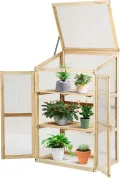 GYMAX Holz Frühbeet mit 3 Ablagen, Gewächshaus klein mit 2 Türen & Deckel, wetterfest Pflanzenbeet Aufzuchtschrank für Garten & Balkon, 60 x 45 x 100 cm, Natur - Thumbnail 1