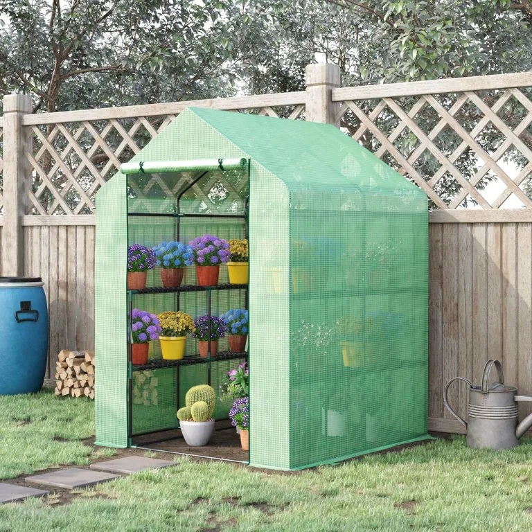 Outsunny Foliengewächshaus begehbares Gewächshaus mit 8 Regalebenen Tomatengewächshaus Treibhaus Frühbeet mit Tür Grün Stahl PE-Kunststoff 143 x 138 x 190 cm – Bild 2