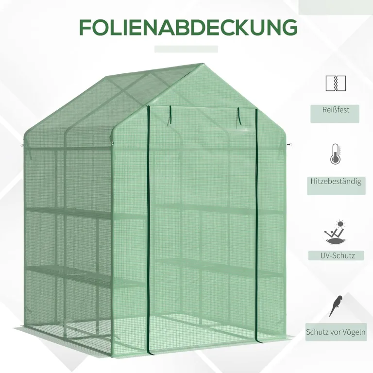 Outsunny Foliengewächshaus begehbares Gewächshaus mit 8 Regalebenen Tomatengewächshaus Treibhaus Frühbeet mit Tür Grün Stahl PE-Kunststoff 143 x 138 x 190 cm – Bild 3