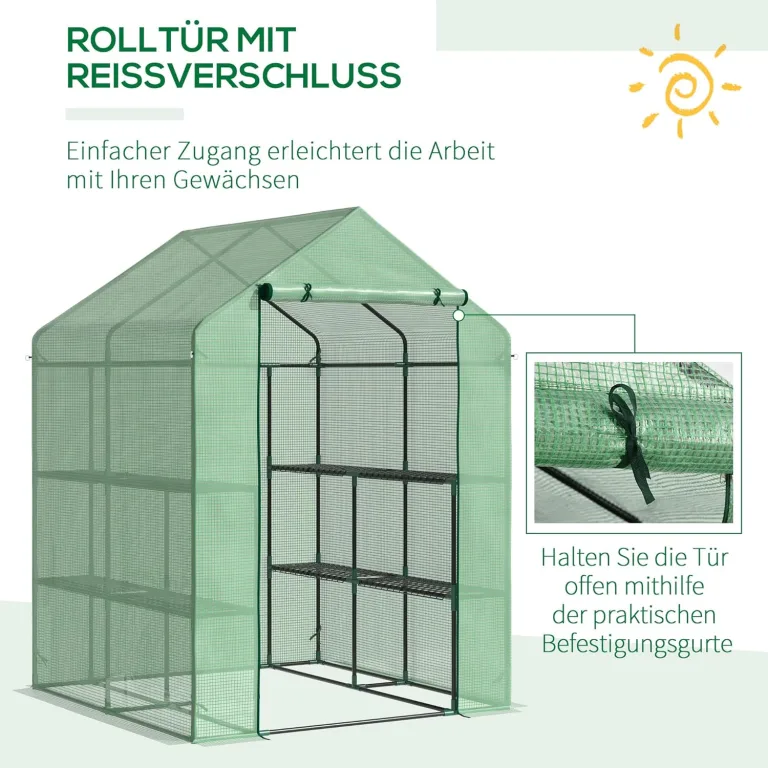 Outsunny Foliengewächshaus begehbares Gewächshaus mit 8 Regalebenen Tomatengewächshaus Treibhaus Frühbeet mit Tür Grün Stahl PE-Kunststoff 143 x 138 x 190 cm – Bild 4