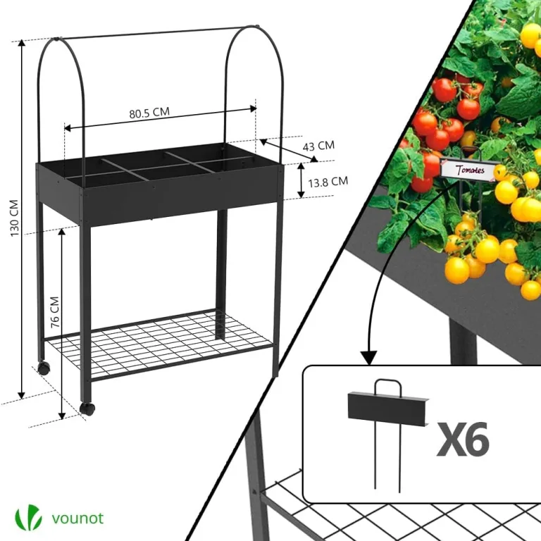 VOUNOT Hochbeet aus Metall mit Abdeckung, Rädern, Regal und 6 geteilten Gittern, Pflanztrog Kräuterbeet für Balkon Garten und Terrasse, 80.5x43x130 cm – Bild 9