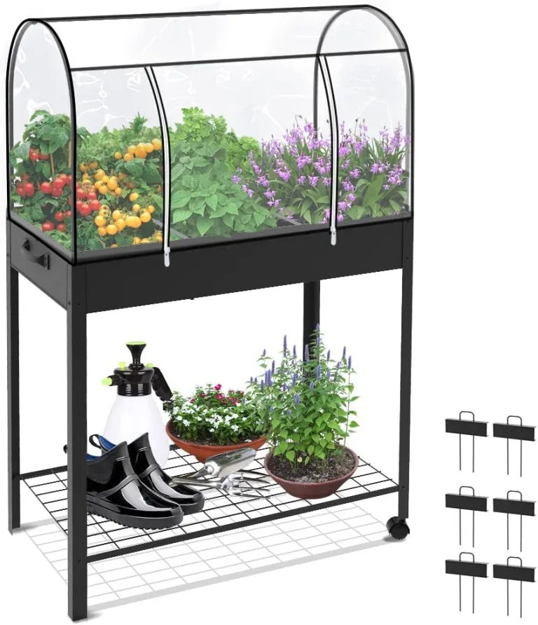 VOUNOT Hochbeet aus Metall mit Abdeckung, Rädern, Regal und 6 geteilten Gittern, Pflanztrog Kräuterbeet für Balkon Garten und Terrasse, 80.5x43x130 cm – Bild 3