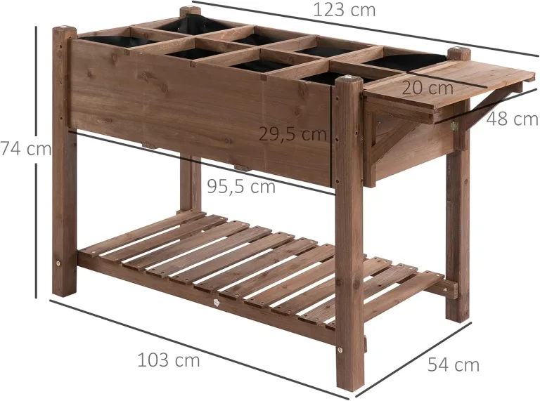 Outsunny Hochbeet Pflanzkasten mit 8 geteilten Gittern Faltbare Ablage Blumenkasten Blumentopf Kräuterbeet Massivholz Braun 123 x 54 x 80 cm – Bild 7