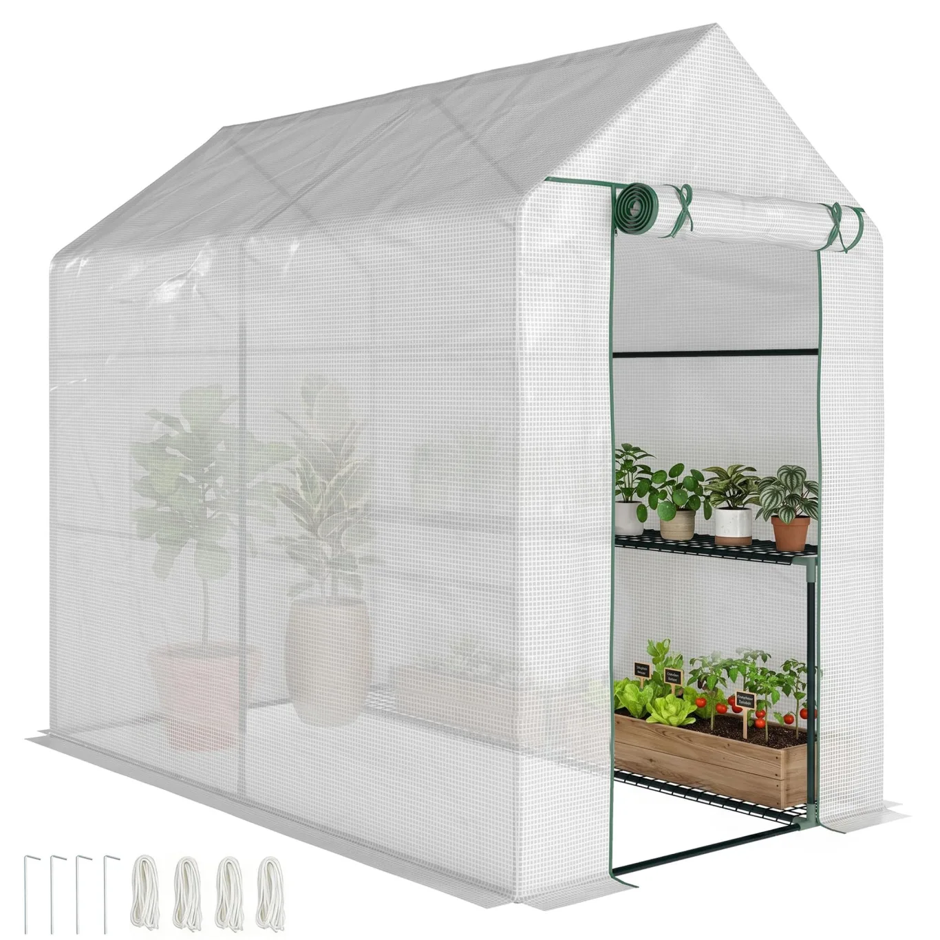 Outsunny Foliengewächshaus begehbares Gewächshaus mit 4 Regalebenen Tomatengewächshaus Treibhaus Frühbeet mit Tür Grün Stahl PE 120 x 186 x 190 cm - Bild 1