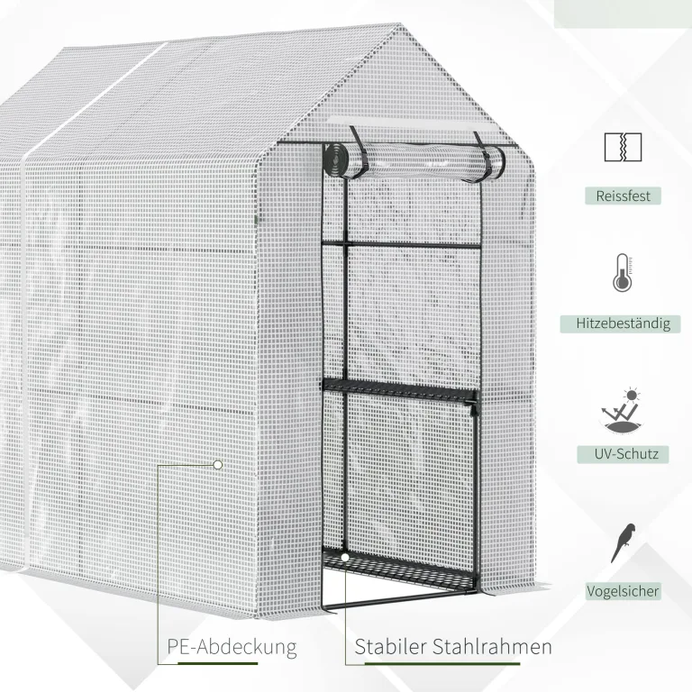 Outsunny Foliengewächshaus begehbares Gewächshaus mit 4 Regalebenen Tomatengewächshaus Treibhaus Frühbeet mit Tür Grün Stahl PE 120 x 186 x 190 cm – Bild 3