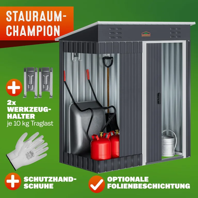 GARDEBRUK® Geräteschuppen 185x165x90cm 1,5m² Schiebetür 20kg Halter Handschuhe Belüftung rostfreies Metall Pultdach Anthrazit Gerätehaus Gartenhaus – Bild 2