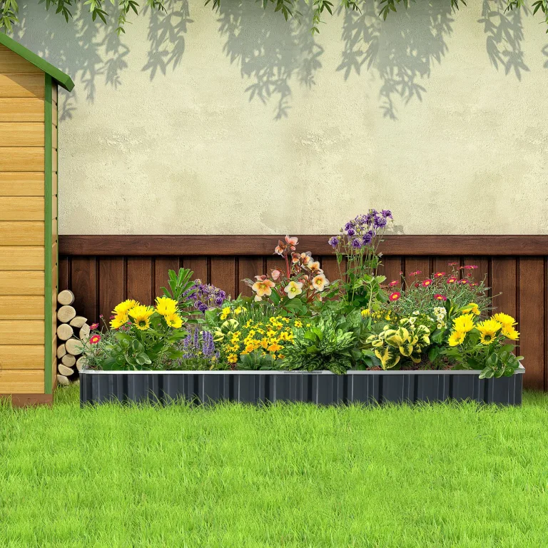 Outsunny Hochbeet aus Stahl DIY Gartenbeet mit T-Form-Pflanzenschilder Handschuhe Pflanzenbeet Kräuterbeet Blumentreppe für Balkon Garten Dunkelgrau 258 x 90 x 30 cm – Bild 2