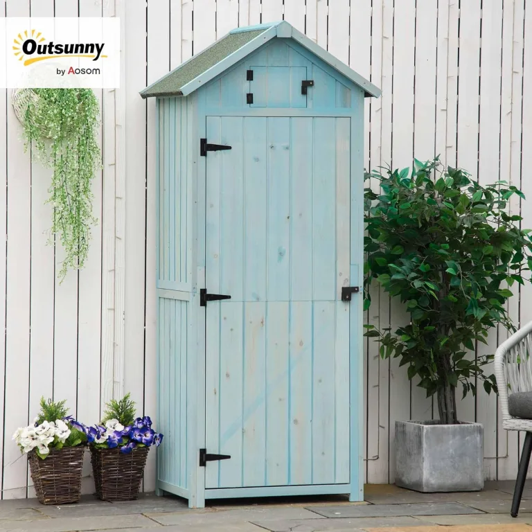 Outsunny Gartenschrank Holz, Geräteschuppen wetterfest 77x54,2x179cm, Gerätehaus mit Tür, Satteldach, Geräteschrank mit Böden, Werkzeugschrank Gartenschuppen für Garten, Terrasse, Hellblau+Grün – Bild 2