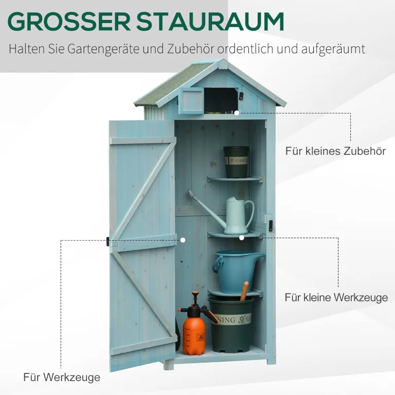 Outsunny Gartenschrank Holz, Geräteschuppen wetterfest 77x54,2x179cm, Gerätehaus mit Tür, Satteldach, Geräteschrank mit Böden, Werkzeugschrank Gartenschuppen für Garten, Terrasse, Hellblau+Grün – Bild 3