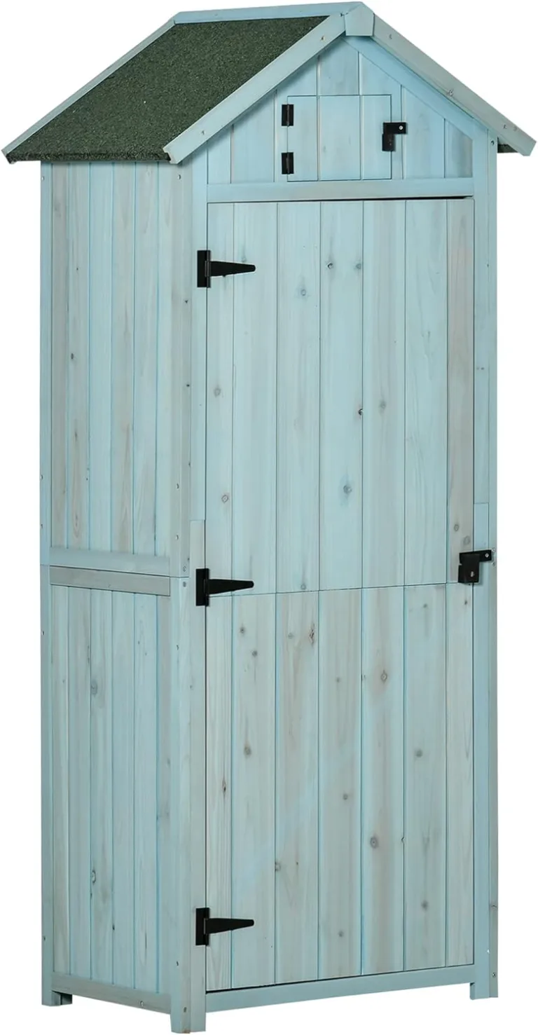 Outsunny Gartenschrank Holz, Geräteschuppen wetterfest 77x54,2x179cm, Gerätehaus mit Tür, Satteldach, Geräteschrank mit Böden, Werkzeugschrank Gartenschuppen für Garten, Terrasse, Hellblau+Grün – Bild 1