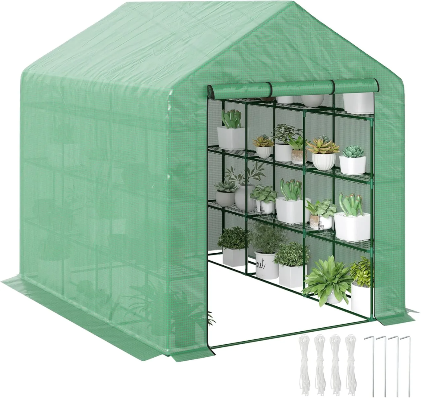 Outsunny Foliengewächshaus begehbares Gewächshaus mit 8 Regalebenen Tomatengewächshaus Treibhaus Frühbeet mit Tür Grün Stahl PE-Kunststoff 244 x 180 x 210 cm - Bild 1
