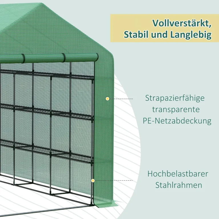 Outsunny Foliengewächshaus begehbares Gewächshaus mit 8 Regalebenen Tomatengewächshaus Treibhaus Frühbeet mit Tür Grün Stahl PE-Kunststoff 244 x 180 x 210 cm – Bild 5