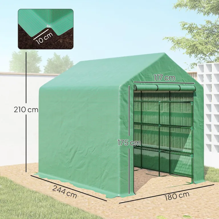 Outsunny Foliengewächshaus begehbares Gewächshaus mit 8 Regalebenen Tomatengewächshaus Treibhaus Frühbeet mit Tür Grün Stahl PE-Kunststoff 244 x 180 x 210 cm – Bild 7
