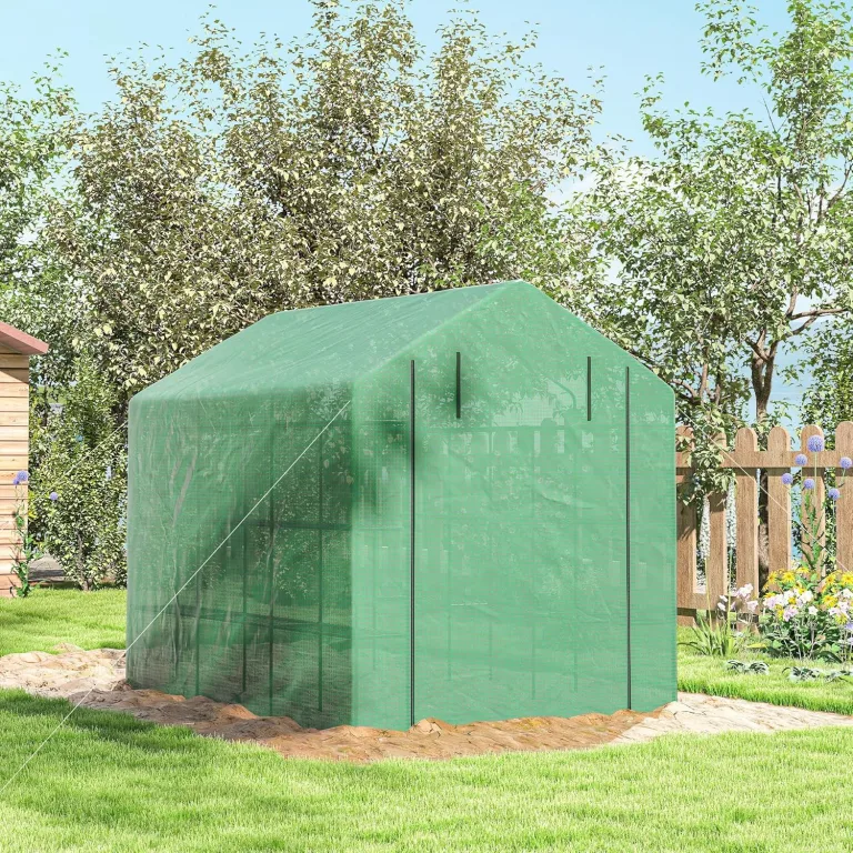 Outsunny Foliengewächshaus begehbares Gewächshaus mit 8 Regalebenen Tomatengewächshaus Treibhaus Frühbeet mit Tür Grün Stahl PE-Kunststoff 244 x 180 x 210 cm – Bild 8