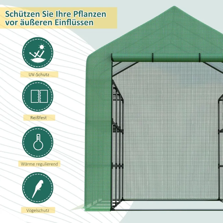 Outsunny Foliengewächshaus begehbares Gewächshaus mit 8 Regalebenen Tomatengewächshaus Treibhaus Frühbeet mit Tür Grün Stahl PE-Kunststoff 244 x 180 x 210 cm – Bild 3