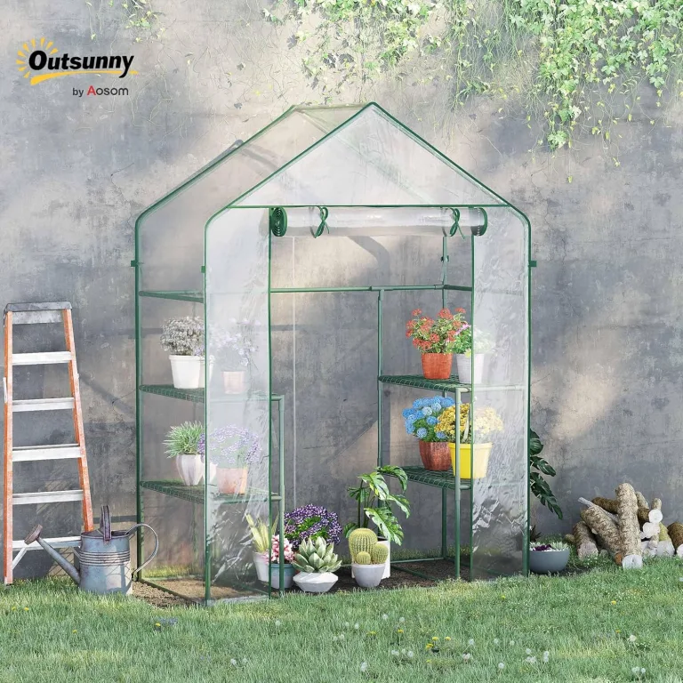 Outsunny Foliengewächshaus begehbares Gartenhäuschen Tomatengewächshaus Treibhaus Frühbeet mit 6 Regalen Transparent Stahl PVC-Kunststoff 142 x 73 x 195 cm – Bild 2