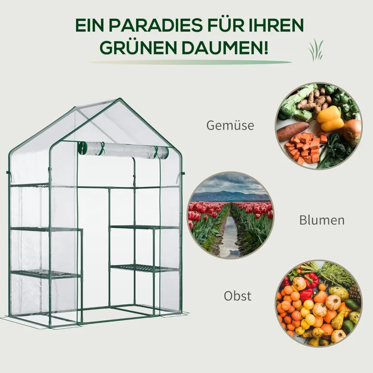 Outsunny Foliengewächshaus begehbares Gartenhäuschen Tomatengewächshaus Treibhaus Frühbeet mit 6 Regalen Transparent Stahl PVC-Kunststoff 142 x 73 x 195 cm – Bild 6