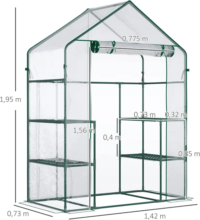 Outsunny Foliengewächshaus begehbares Gartenhäuschen Tomatengewächshaus Treibhaus Frühbeet mit 6 Regalen Transparent Stahl PVC-Kunststoff 142 x 73 x 195 cm – Bild 7