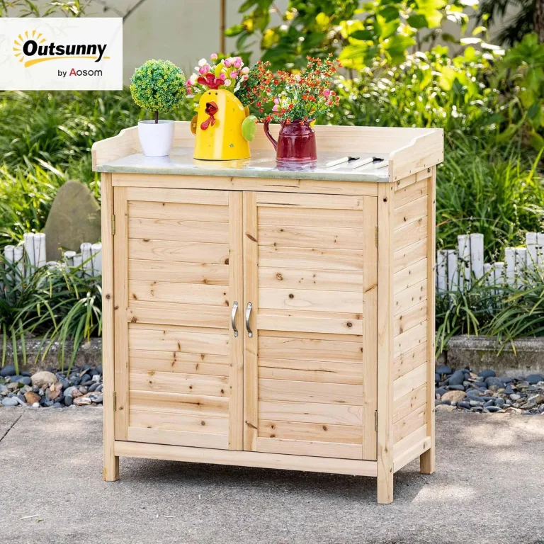 Outsunny Gartenschrank Pflanztisch mit Unterschrank Holz Geräteschrank Schrank mit 2 Einlegeböden Geräteschuppen Garten Schuppen Outdoor Natur 83 x 40 x 92 cm – Bild 2