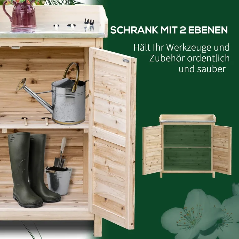Outsunny Gartenschrank Pflanztisch mit Unterschrank Holz Geräteschrank Schrank mit 2 Einlegeböden Geräteschuppen Garten Schuppen Outdoor Natur 83 x 40 x 92 cm – Bild 3